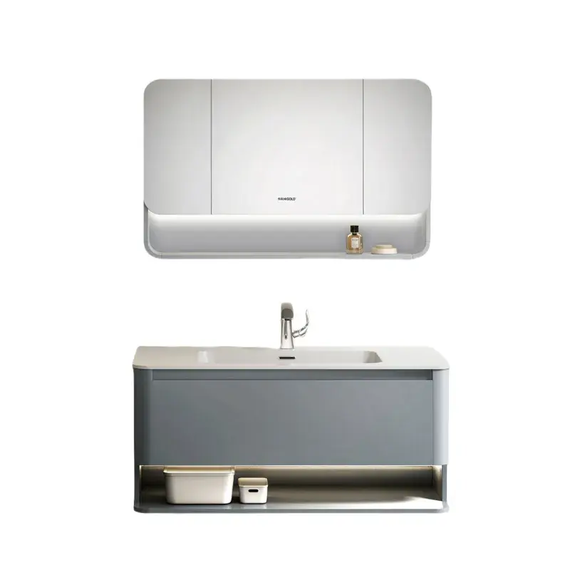 1000mm BB5 Wall Hung Open Shelf Plywood Vanity Cabinet - Grey - With Single Drawer