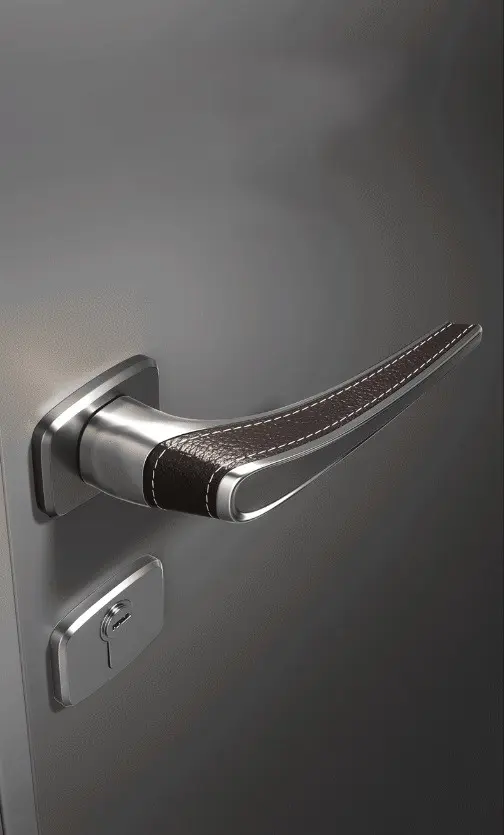 Italian-Inspired Door Handle and Lock Set - Gunmetal Gloss With Textured Leather Trim F4