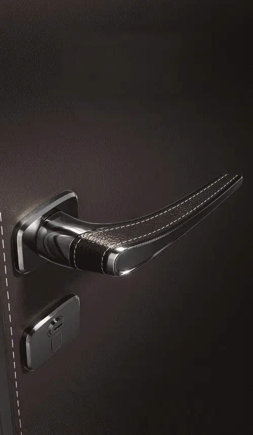 Italian-Inspired Door Handle and Lock Set - Classic Matte Gunmetal with Textured Leather Trim F4