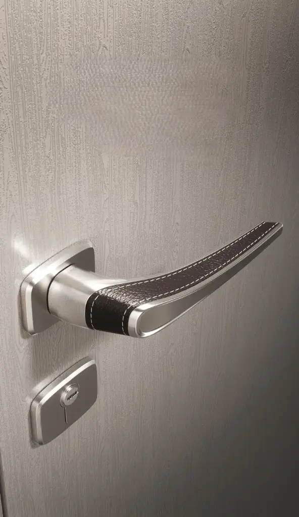Italian-Inspired Door Handle and Lock Set - Agarwood Grey with Textured Leather Trim F4